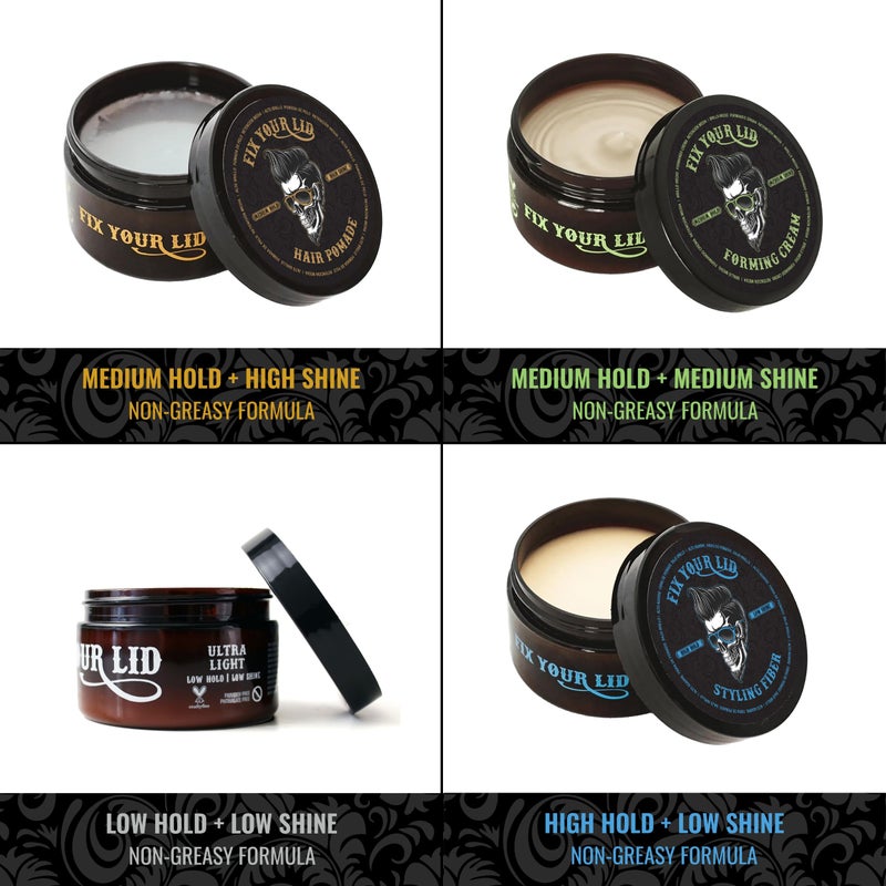 Fix Your Lid Travel Variety Pack | 4pk 1.7oz - Ultra Light Pomade Low Hold - Forming Cream Medium Hold - Styling Fiber High Hold - Hair Pomade Medium Hold High Shine - Mens Hair Styling Set - Image 3